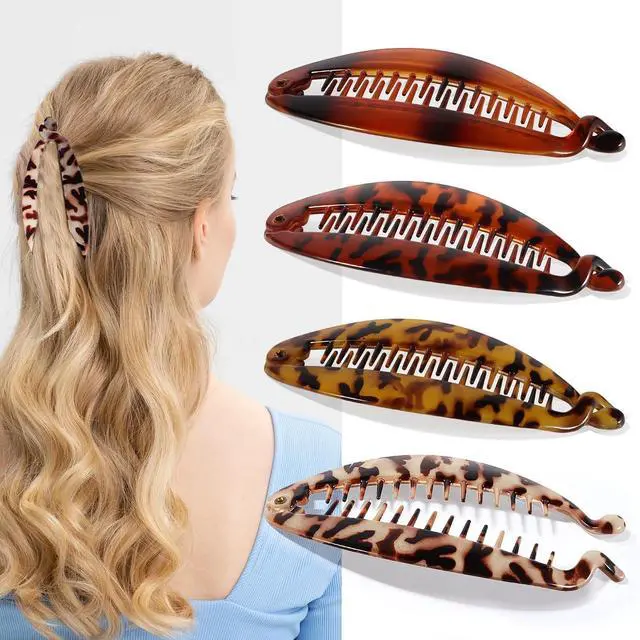 Main image of Banana Hair Clip, 4 PCS Large Banana Clips for Women (Leopard) | Flexible Hair Clips for Thick Hair, Classic Hair Comb for Any Occasion