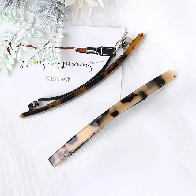 Alt view image 3 of 7 - Luckycivia 2 Pack Hair Barrette, Long and Thin Handmade Celluloid Onyx Hair Clip, Elegant Automatic Hair Clip, Barrette Ponytail Holders for Women/Girls - 4 Inches