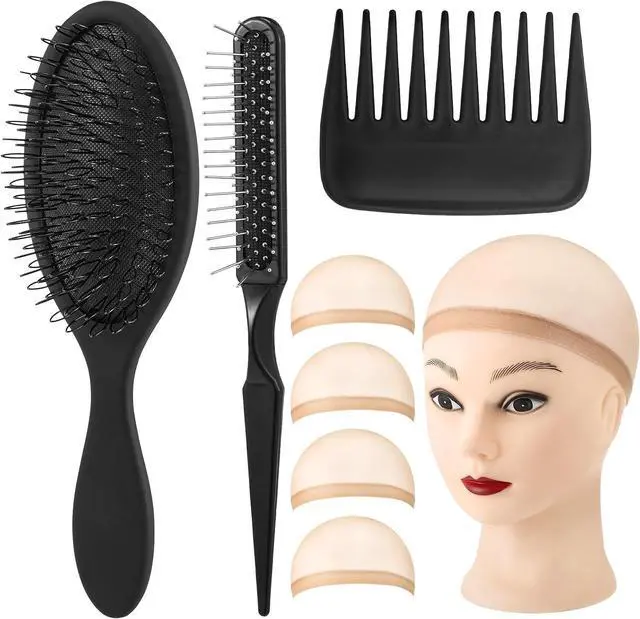 Main image of auroray 3Pcs Wig Brush Comb Set with 4Pcs Wig Caps, Professional Hair Extension Loop Brush 3 Row Wire Brush Wide-Tooth Comb for Human and Synthetic Hair