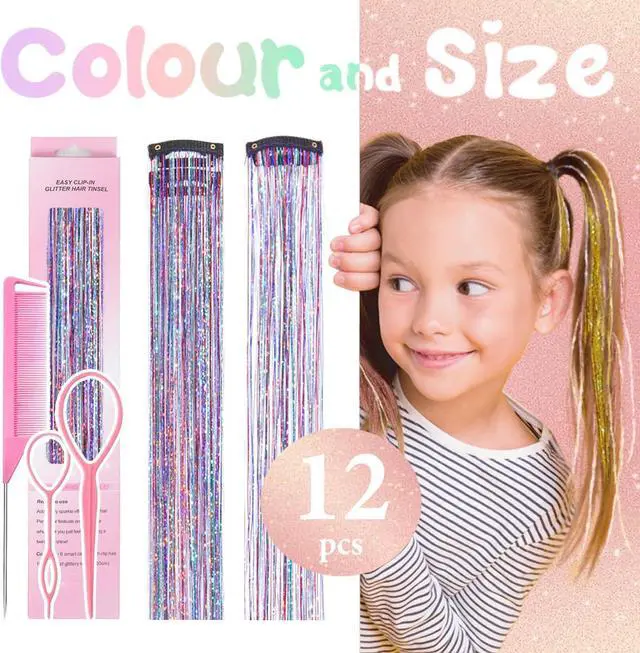 Alt view image 3 of 6 - Hair Tinsel Clip in Dreamy Colorful Fairy Hair Tinsel Kit | 12 Pcs 24 Inch Glitter Clip in Hair Extensions for Girls Women Kids Christmas New Year Festival Party (Dreamy Colorful)