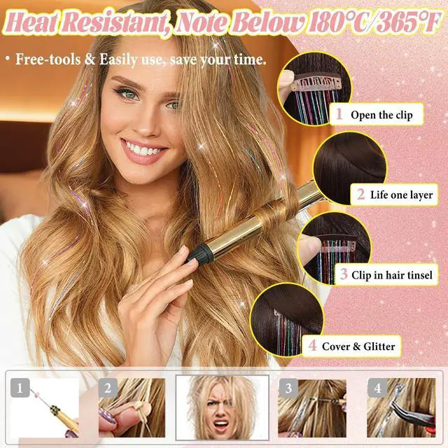 Alt view image 4 of 6 - Hair Tinsel Clip in Dreamy Colorful Fairy Hair Tinsel Kit | 12 Pcs 24 Inch Glitter Clip in Hair Extensions for Girls Women Kids Christmas New Year Festival Party (Dreamy Colorful)