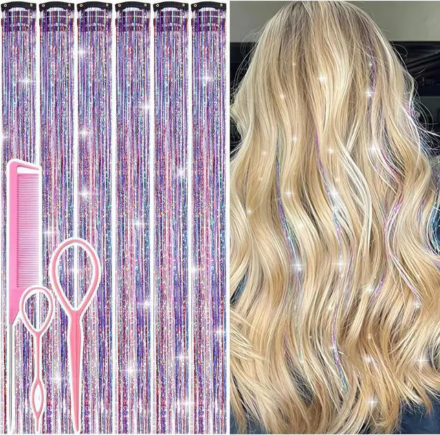 Main image of Hair Tinsel Clip in Dreamy Colorful Fairy Hair Tinsel Kit | 12 Pcs 24 Inch Glitter Clip in Hair Extensions for Girls Women Kids Christmas New Year Festival Party (Dreamy Colorful)