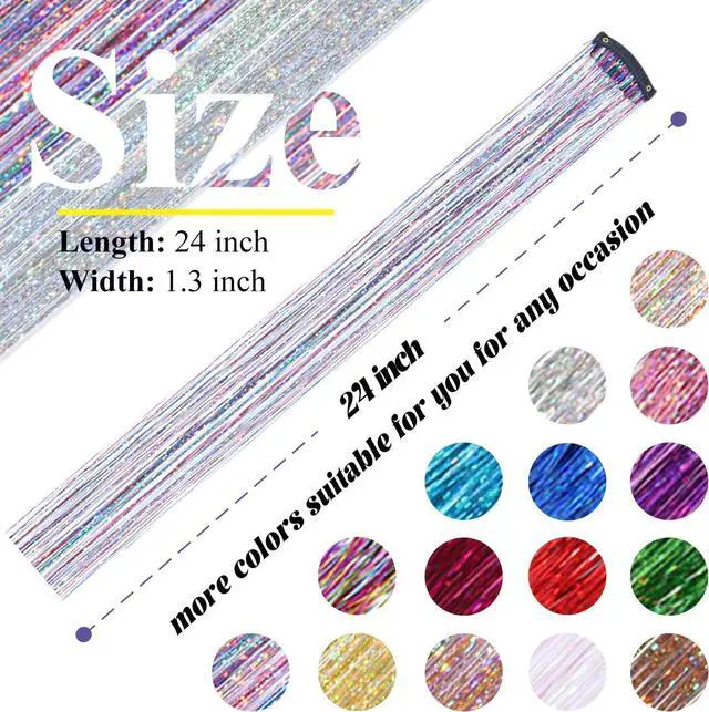 Alt view image 6 of 6 - Hair Tinsel Clip in Dreamy Colorful Fairy Hair Tinsel Kit | 12 Pcs 24 Inch Glitter Clip in Hair Extensions for Girls Women Kids Christmas New Year Festival Party (Dreamy Colorful)