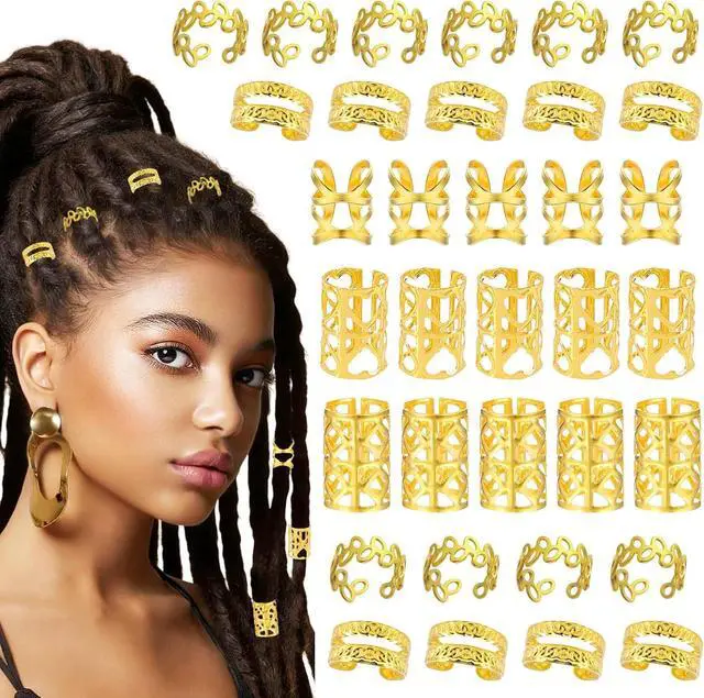 Main image of 100 Pcs Gold Hair Jewelry for Braids Non-Piercing Ear Clip Beard Cuffs Clip Loc Crochet Braiding Rings, Dreadlock Cuffs Accessories for Women Men, Adjustable Metal Hair Decoration
