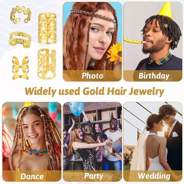 Alt view image 3 of 7 - 100 Pcs Gold Hair Jewelry for Braids Non-Piercing Ear Clip Beard Cuffs Clip Loc Crochet Braiding Rings, Dreadlock Cuffs Accessories for Women Men, Adjustable Metal Hair Decoration
