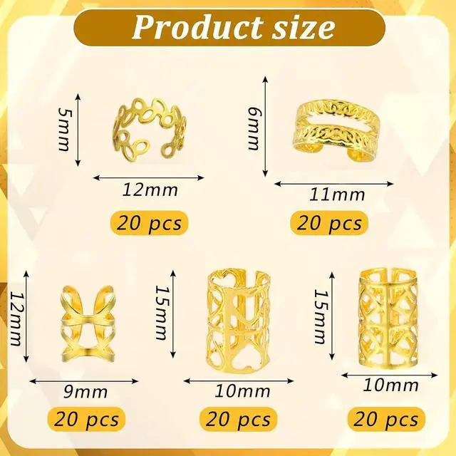 Alt view image 2 of 7 - 100 Pcs Gold Hair Jewelry for Braids Non-Piercing Ear Clip Beard Cuffs Clip Loc Crochet Braiding Rings, Dreadlock Cuffs Accessories for Women Men, Adjustable Metal Hair Decoration