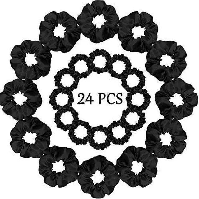 Alt view image 3 of 5 - WILLBOND 24 Pcs Satin Hair Scrunchies Elastic Ties Bulk 2 Sizes,Black | Scrunchy for Women Ponytail Bun, Skinny Large Bands for Thin Thick Hair, Stretchy Ties,Headdress Accessories ,Silky Soft