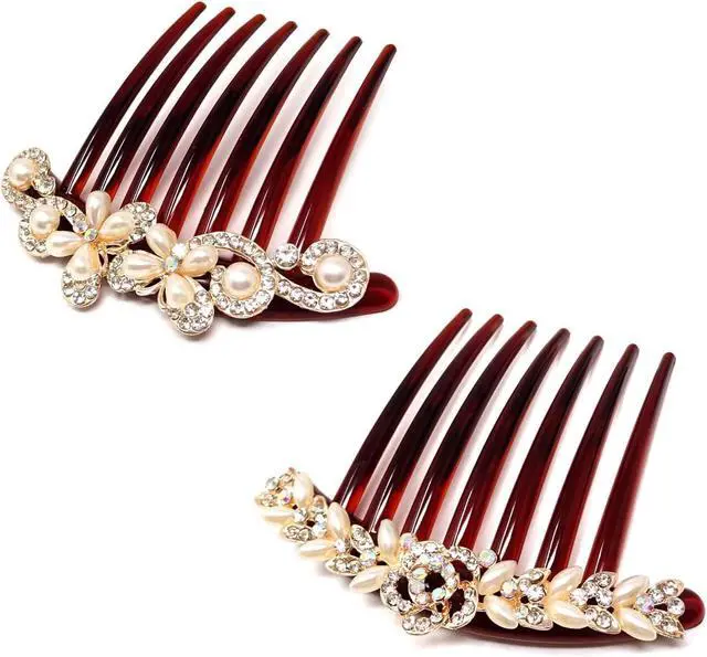 Main image of Honbay 2PCS 7 Teeth Hair Side Combs Pearl Crystal Rhinestone Floral Twist Combs Rhinestone Flower Hairpin Decorative Hair Combs Accessories for Women (2 Style)