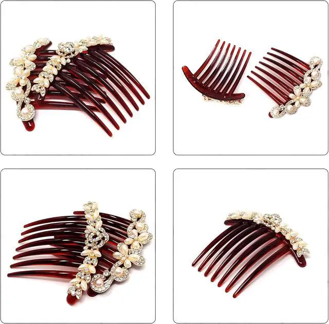Alt view image 3 of 7 - Honbay 2PCS 7 Teeth Hair Side Combs Pearl Crystal Rhinestone Floral Twist Combs Rhinestone Flower Hairpin Decorative Hair Combs Accessories for Women (2 Style)