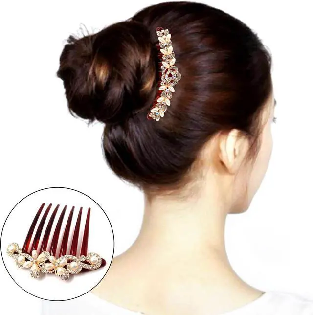 Alt view image 5 of 7 - Honbay 2PCS 7 Teeth Hair Side Combs Pearl Crystal Rhinestone Floral Twist Combs Rhinestone Flower Hairpin Decorative Hair Combs Accessories for Women (2 Style)