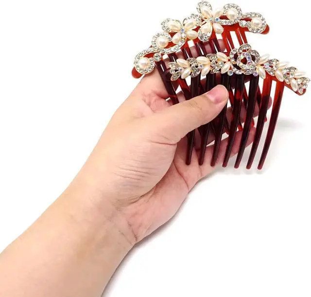 Alt view image 6 of 7 - Honbay 2PCS 7 Teeth Hair Side Combs Pearl Crystal Rhinestone Floral Twist Combs Rhinestone Flower Hairpin Decorative Hair Combs Accessories for Women (2 Style)
