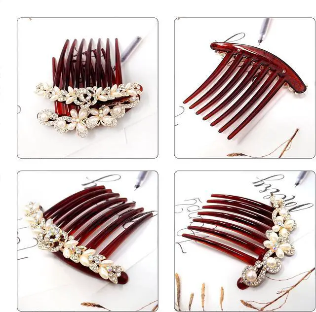 Alt view image 4 of 7 - Honbay 2PCS 7 Teeth Hair Side Combs Pearl Crystal Rhinestone Floral Twist Combs Rhinestone Flower Hairpin Decorative Hair Combs Accessories for Women (2 Style)