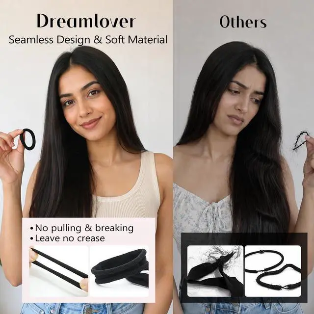 Alt view image 4 of 7 - Dreamlover Black Ouchless Hair Ties for Thick Hair, 50 Pieces | Soft Stretch, Ouchless No Damage, Gentle Elastic, For Women Girls
