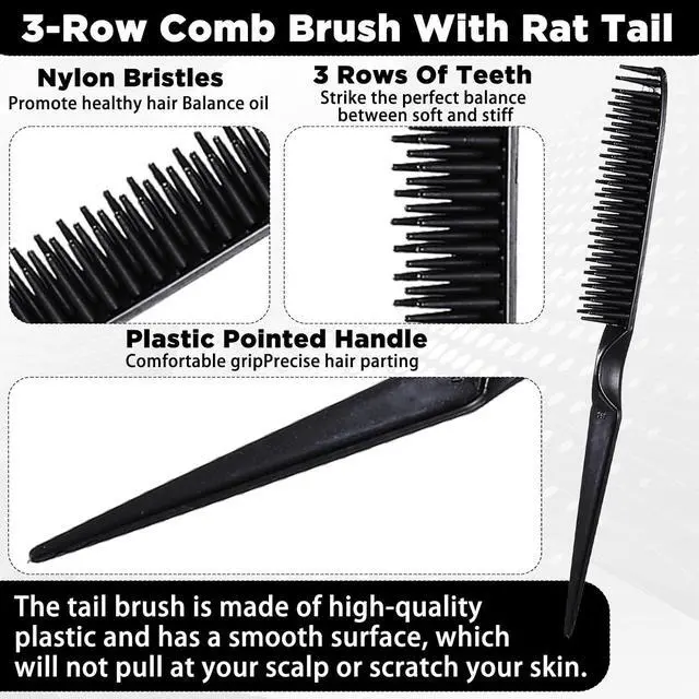 Alt view image 3 of 7 - 3 Row Hair Comb Set Rat Tail Styling Comb Curly Hair Styling Brush Black Unbraider Combs for Women Men Detangling Styling(2PCS)