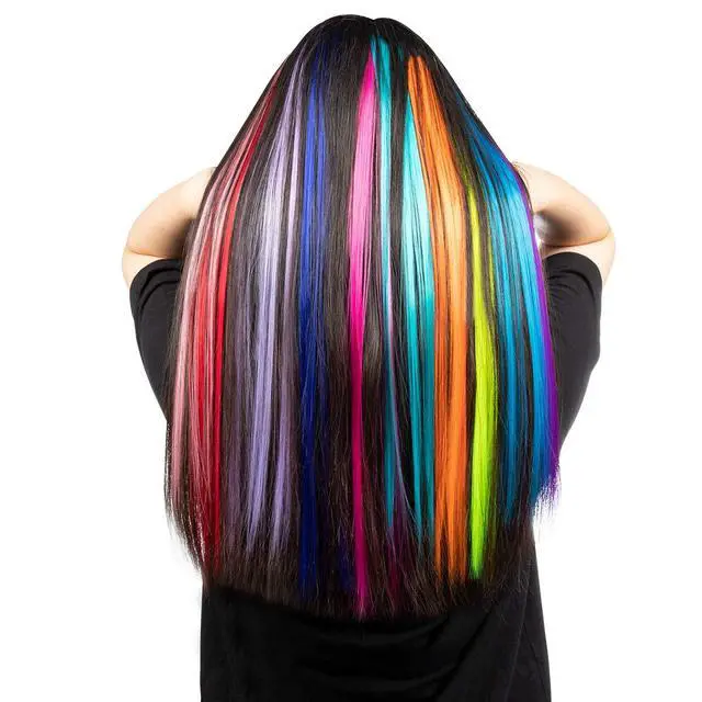 Alt view image 2 of 7 - YaFex 12 Pcs Clip in Hair Extensions, 22 Inch Colored Hair Extensions Party Highlights Long Straight Synthetic Hairpieces for Women Kids Girls (Rainbow)