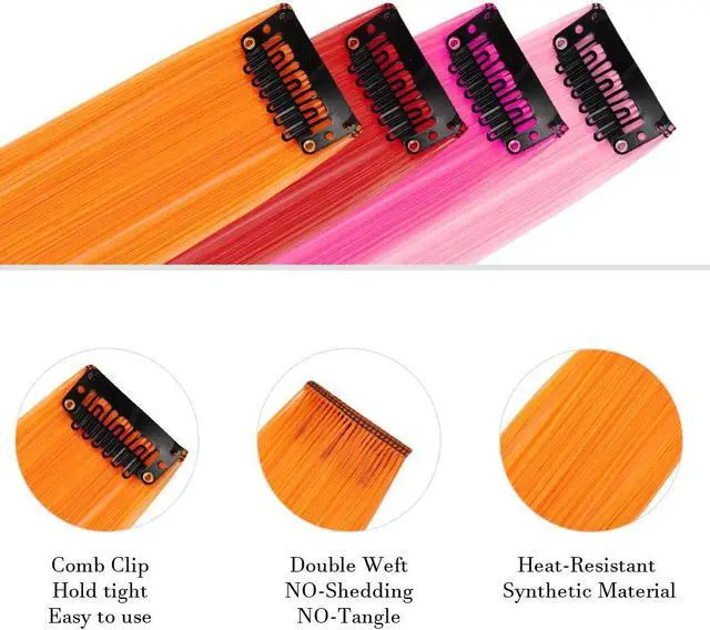 Alt view image 3 of 7 - YaFex 12 Pcs Clip in Hair Extensions, 22 Inch Colored Hair Extensions Party Highlights Long Straight Synthetic Hairpieces for Women Kids Girls (Rainbow)