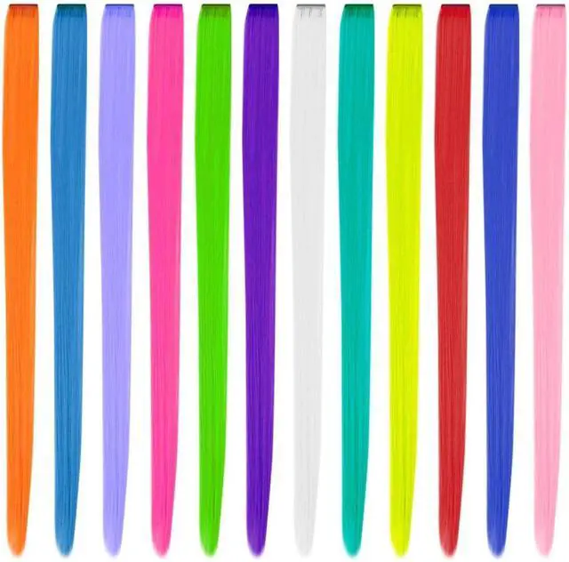 Alt view image 5 of 7 - YaFex 12 Pcs Clip in Hair Extensions, 22 Inch Colored Hair Extensions Party Highlights Long Straight Synthetic Hairpieces for Women Kids Girls (Rainbow)