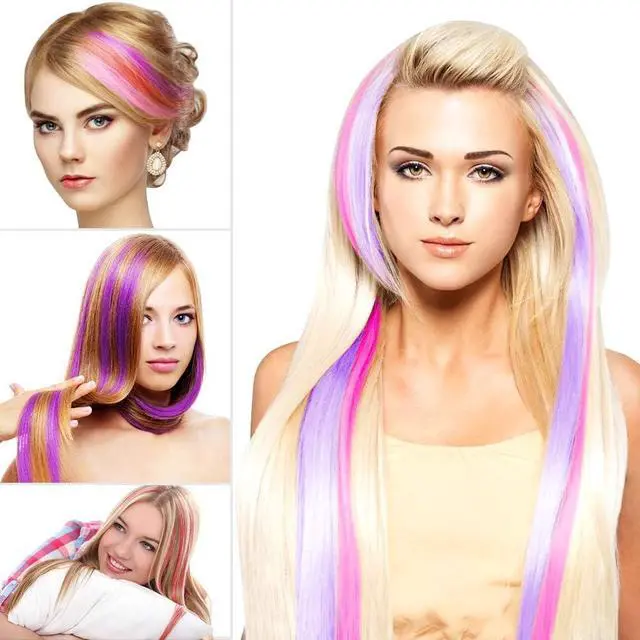 Alt view image 7 of 7 - YaFex 12 Pcs Clip in Hair Extensions, 22 Inch Colored Hair Extensions Party Highlights Long Straight Synthetic Hairpieces for Women Kids Girls (Rainbow)
