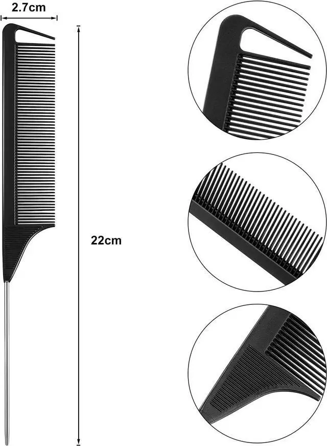 Alt view image 2 of 7 - Boao 12 Packs Rat Tail Combs Hair Comb Stainless Steel Pin Tail Carbon Fiber Heat Resistant for Women Braids Hair Styling(Black)