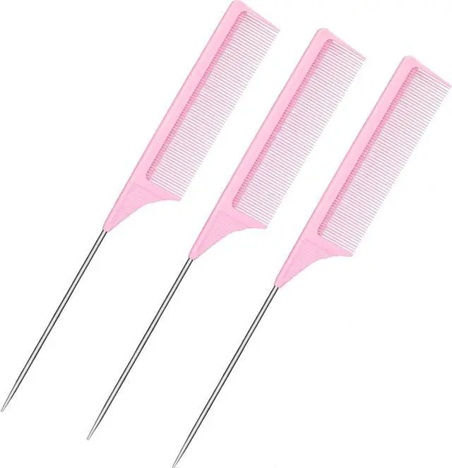 Main image of Leinuosen 3 Pack 9 Inch Rat Tail Comb with Metal Pick, Carbon Fiber,Pink | Heat Resistant Styling, Lightweight Sectioning, Fine Tooth for Precise Parting, Teasing Tool for Wigs and Women Haircare