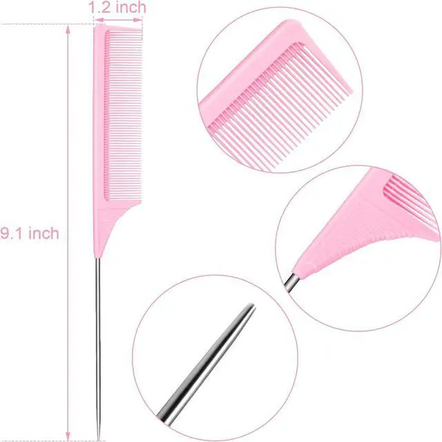 Alt view image 2 of 7 - Leinuosen 3 Pack 9 Inch Rat Tail Comb with Metal Pick, Carbon Fiber,Pink | Heat Resistant Styling, Lightweight Sectioning, Fine Tooth for Precise Parting, Teasing Tool for Wigs and Women Haircare