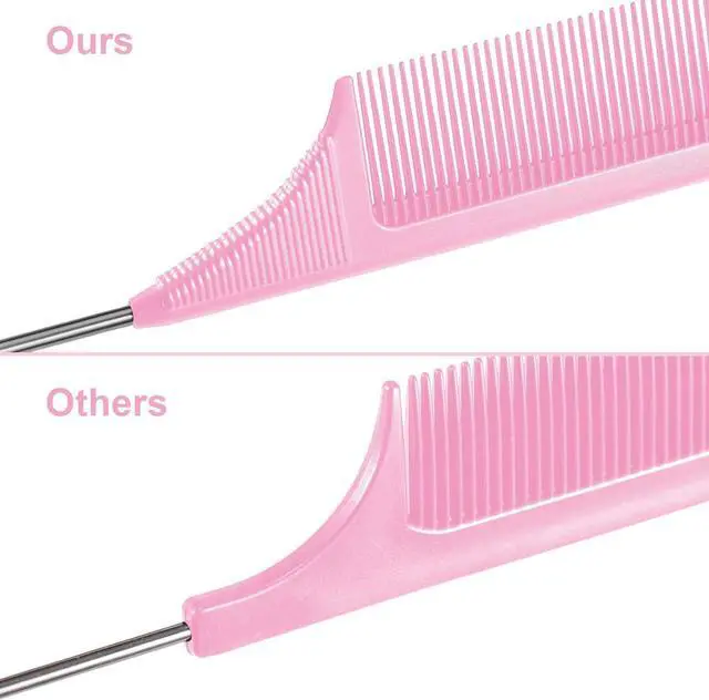 Alt view image 4 of 7 - Leinuosen 3 Pack 9 Inch Rat Tail Comb with Metal Pick, Carbon Fiber,Pink | Heat Resistant Styling, Lightweight Sectioning, Fine Tooth for Precise Parting, Teasing Tool for Wigs and Women Haircare