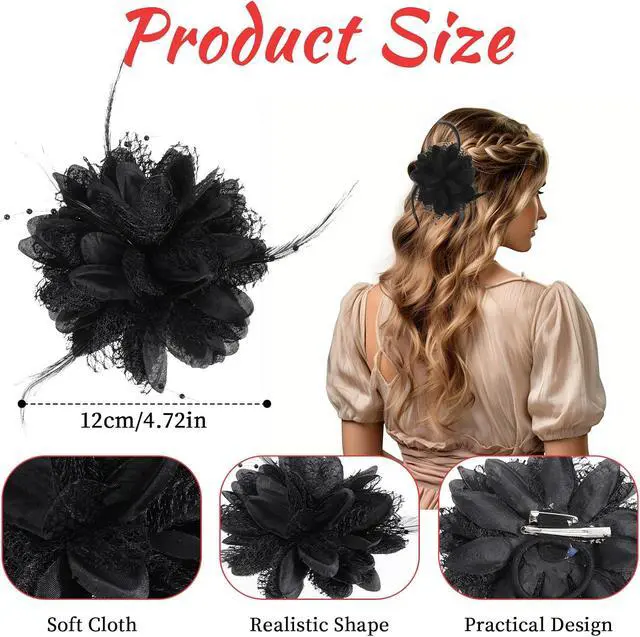 Alt view image 6 of 7 - Giantree Rose Hair Clip, Flower Hair Clips for Women, Artificial Flower Brooch Hair Feathers Headwear for Wedding Prom Party