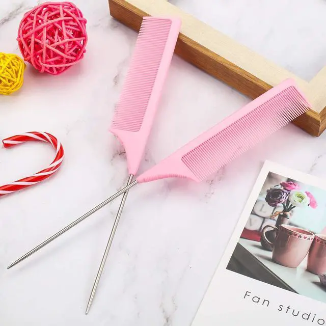 Alt view image 5 of 7 - Leinuosen 3 Pack 9 Inch Rat Tail Comb with Metal Pick, Carbon Fiber,Pink | Heat Resistant Styling, Lightweight Sectioning, Fine Tooth for Precise Parting, Teasing Tool for Wigs and Women Haircare