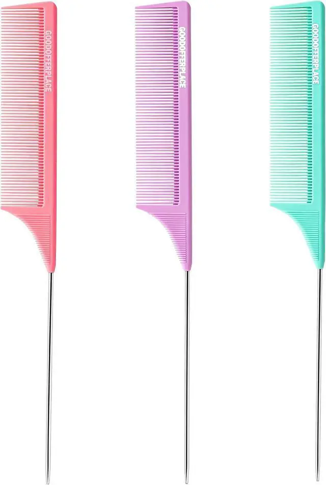 Main image of 3 PCS Rat Tail Combs with Metal Pick for Braiding,Parting | Parting Rattail Teasing Comb,for Women Girls Curly Hair Detangling,Fine Tooth Comb for Salon Styling Tool(Pink Purple Green)