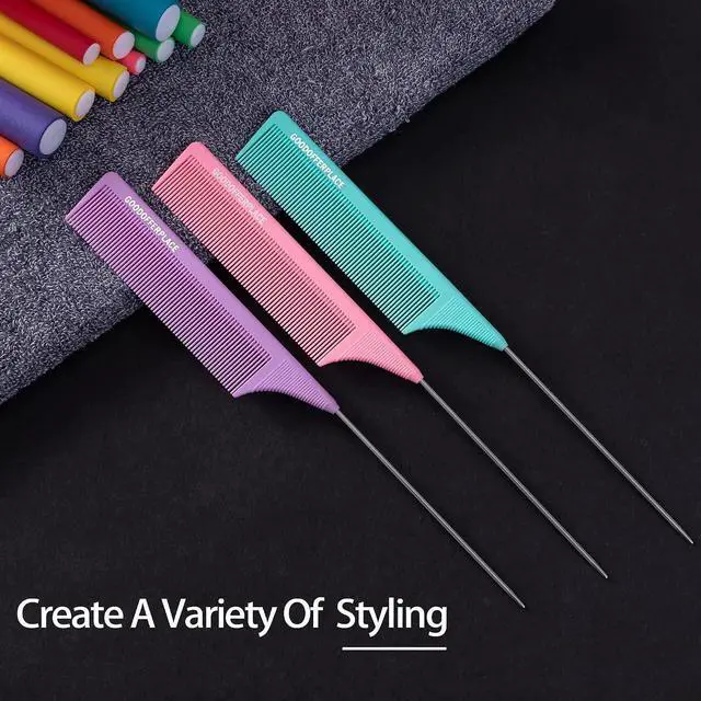 Alt view image 7 of 7 - 3 PCS Rat Tail Combs with Metal Pick for Braiding,Parting | Parting Rattail Teasing Comb,for Women Girls Curly Hair Detangling,Fine Tooth Comb for Salon Styling Tool(Pink Purple Green)