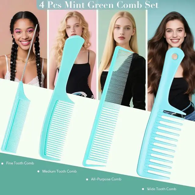 Alt view image 2 of 7 - SALONSILK Mint Green 4PCS Professional Comb Set, Wide Tooth Rat Tail Fine Tooth Hair Combs, Braiding Cutting Barber Styling Curly Parting Set for Men and Women