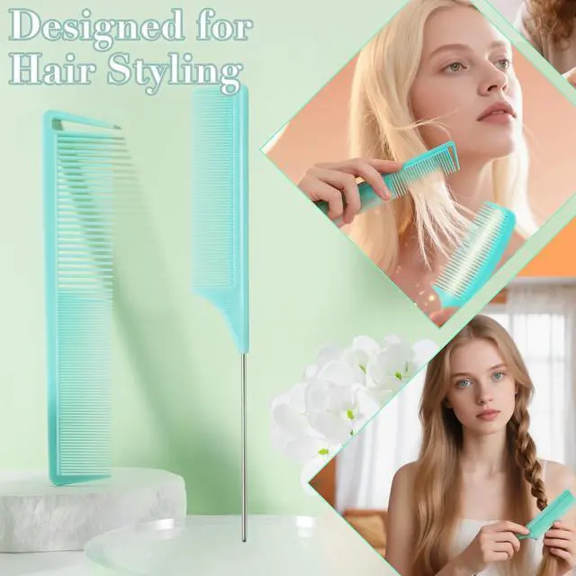 Alt view image 7 of 7 - SALONSILK Mint Green 4PCS Professional Comb Set, Wide Tooth Rat Tail Fine Tooth Hair Combs, Braiding Cutting Barber Styling Curly Parting Set for Men and Women