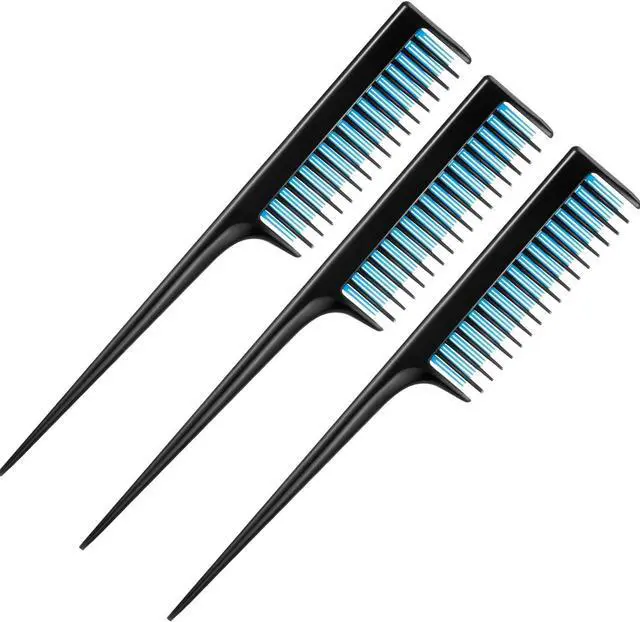 Main image of Leinuosen 3 Pcs 8 Inch Rat Tail Teasing Hair Comb,Black and Blue | Fine Tooth Styling for Backcombing Volume, Lightweight Sectioning with Pick Tail, Parting Tool for Women Salon