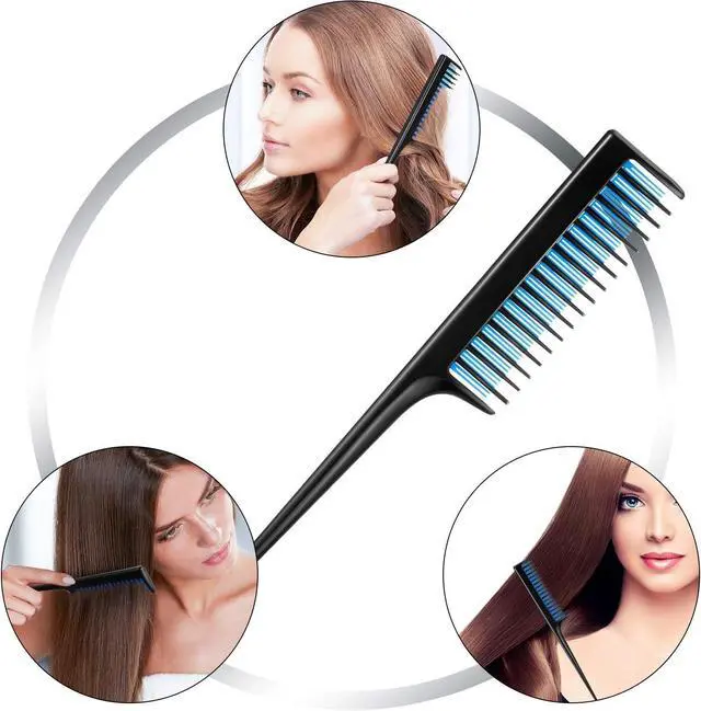 Alt view image 5 of 6 - Leinuosen 3 Pcs 8 Inch Rat Tail Teasing Hair Comb,Black and Blue | Fine Tooth Styling for Backcombing Volume, Lightweight Sectioning with Pick Tail, Parting Tool for Women Salon