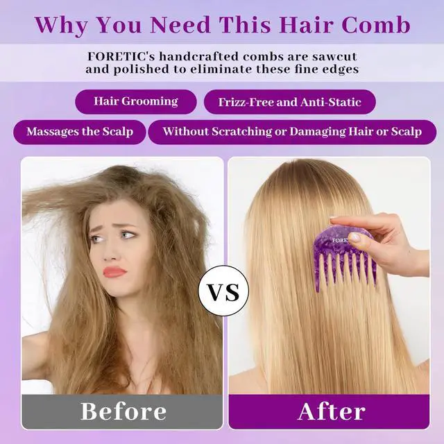 Alt view image 4 of 7 - 2 Pcs Handmade Bright Violet Wide Tooth Comb - Small, Professional Hair Detangling Comb for Wet and Dry Hair, Suitable for Long and Short Curls - 3.14 Inches