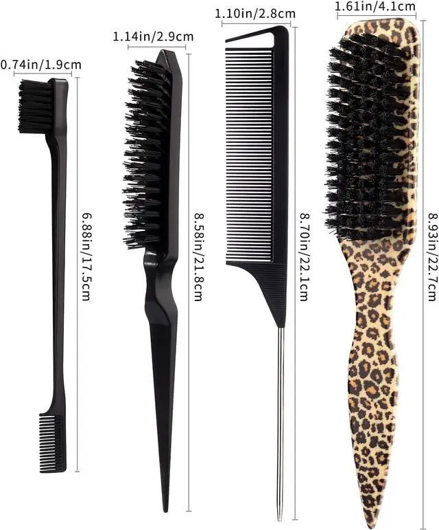 Alt view image 3 of 7 - Slick Back Hair Brush Set,Leopard Printed Set,Smoothing Brush for Smooth Flyaways, Frizz, Sleek Ponytail, Buns and Edge Hair Control, Teasing Gel Comb Styling Accessories for Women (Black)
