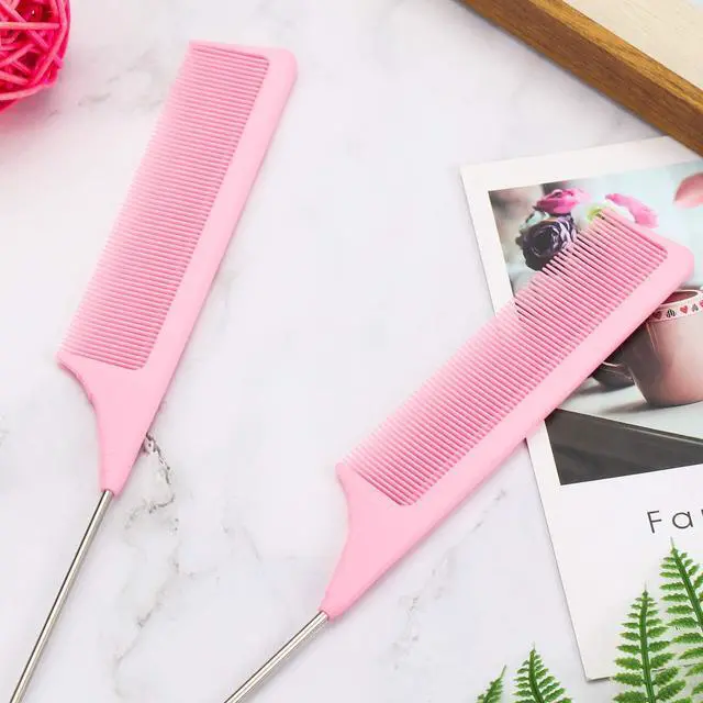 Alt view image 6 of 7 - Leinuosen 3 Pack 9 Inch Rat Tail Comb with Metal Pick, Carbon Fiber,Pink | Heat Resistant Styling, Lightweight Sectioning, Fine Tooth for Precise Parting, Teasing Tool for Wigs and Women Haircare