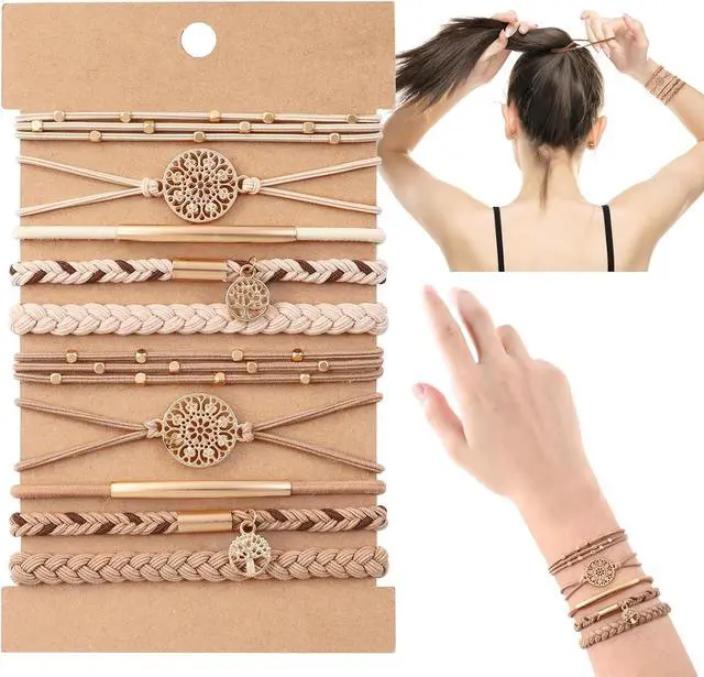 Main image of DIYDEC 10PCS Boho Hair Ties Bracelet for Women Accessories(Beige) | 5 Styles Soft Braided Boho Hair Bands Elastic No Damage Hair Ties for Girls thick Thin Long Curly Hair Accessories