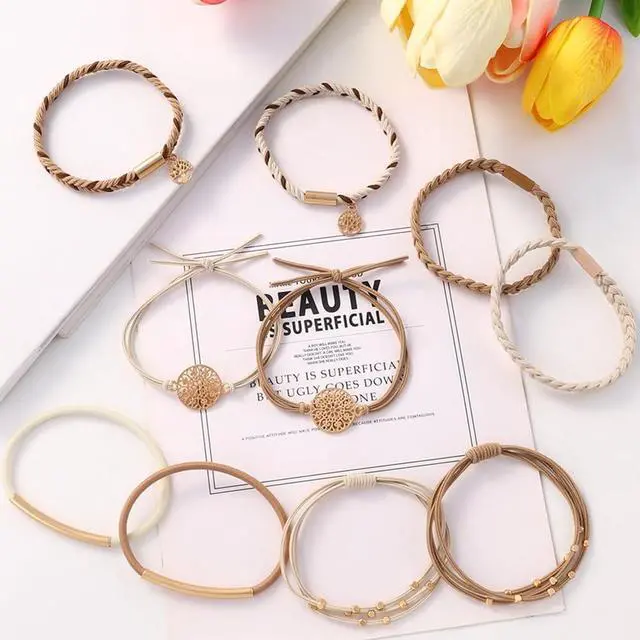 Alt view image 7 of 7 - DIYDEC 10PCS Boho Hair Ties Bracelet for Women Accessories(Beige) | 5 Styles Soft Braided Boho Hair Bands Elastic No Damage Hair Ties for Girls thick Thin Long Curly Hair Accessories