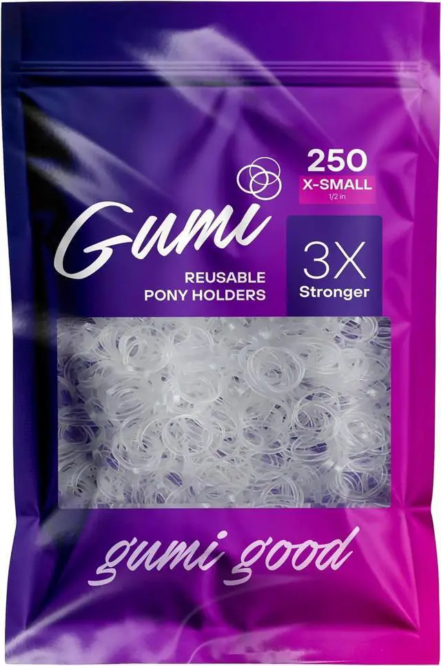 Main image of Gumi good Ouchless Hair Elastics, Clear, Extra Small, 1/2 Inch | Snag-free, stretchy hair ties glide off without pulling; secure hold for fine or thick hair, ponytails, braids and buns.
