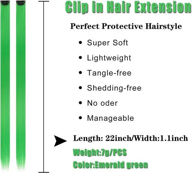Alt view image 3 of 6 - 12PCS Colored Emerald Green Hair Extensions 22 Inch | Party Highlights Clip in Hair Extensions Straight Synthetic Hairpieces for Women Kids Girls Halloween Christmas Cosplay