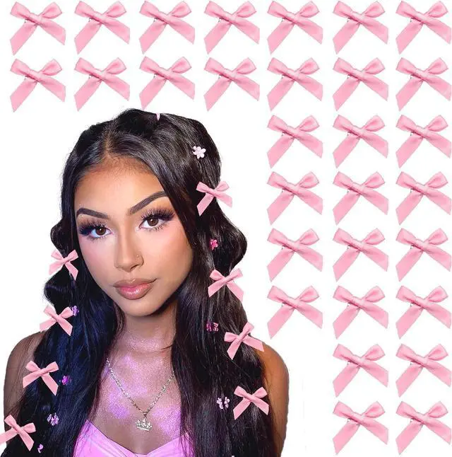 Main image of 30PCS Bow Hair Clips Pink Satin Mini Bowknot Hair Accessories Cute Hair Bow Barrettes Ribbon Hairpins for Women Girls