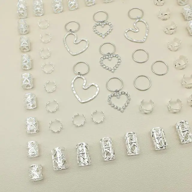 Alt view image 3 of 7 - 106 PCS Silver Hair Jewelry Clips The Heart Shape Themed for Braids Cuffs Loc Charms Accessories Rings Pendant Metal Jewelry Decoration