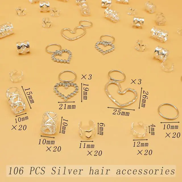 Alt view image 5 of 7 - 106 PCS Silver Hair Jewelry Clips The Heart Shape Themed for Braids Cuffs Loc Charms Accessories Rings Pendant Metal Jewelry Decoration