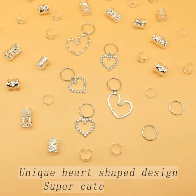 Alt view image 6 of 7 - 106 PCS Silver Hair Jewelry Clips The Heart Shape Themed for Braids Cuffs Loc Charms Accessories Rings Pendant Metal Jewelry Decoration