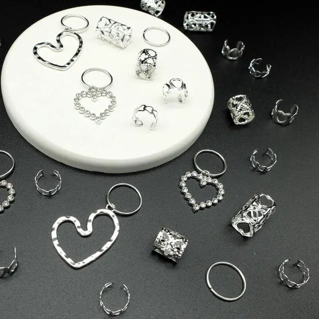 Alt view image 7 of 7 - 106 PCS Silver Hair Jewelry Clips The Heart Shape Themed for Braids Cuffs Loc Charms Accessories Rings Pendant Metal Jewelry Decoration