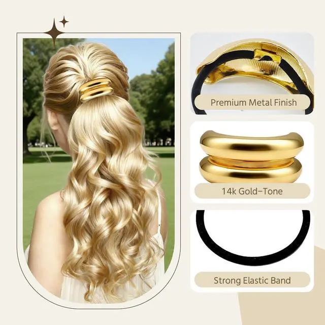 Alt view image 3 of 6 - OHCISP 6Pcs Gold Hair Ties - 3 Styles Gold Hair Accessories for Women & Girls, Elegant Chic Metal Hair Cuff Non-Damage Ponytail Cuffs Holders for Thick Hair