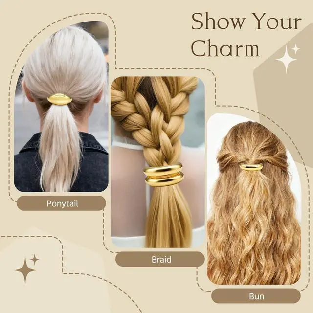 Alt view image 5 of 6 - OHCISP 6Pcs Gold Hair Ties - 3 Styles Gold Hair Accessories for Women & Girls, Elegant Chic Metal Hair Cuff Non-Damage Ponytail Cuffs Holders for Thick Hair