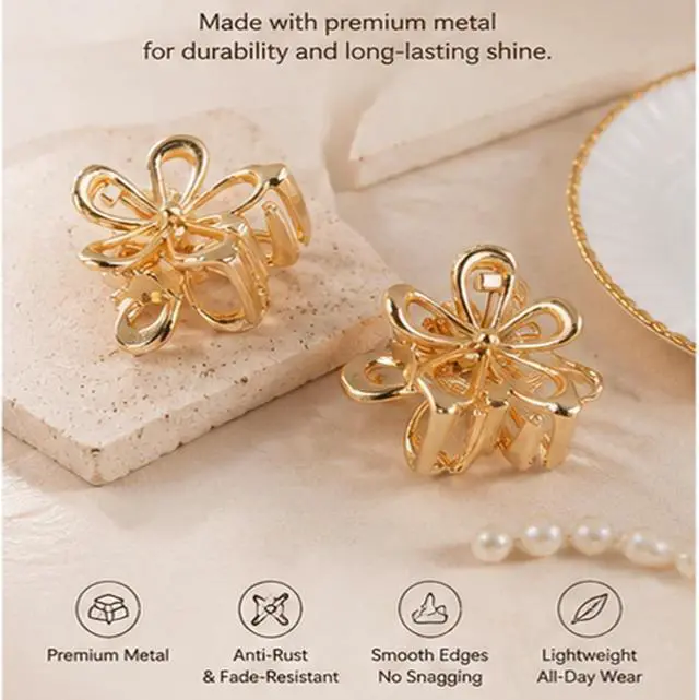 Alt view image 5 of 7 - Gold Small Flower Hair Clips for Women, Cute Mini Tiny Little Sparkling Metal Flower Sweet Artificial Bangs Nonslip Hair Claw Clips Decorative (Gold)