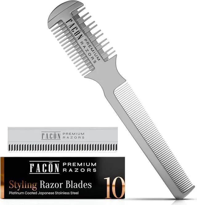 Main image of Facón Razor Comb for Hair Cutting - Professional Hair Cutting Comb Kit with 12 Replacement Blades, Double Edge Shaper for Salon & Home, Premium Styling Thinning Texturizing Split Ends Trimming Razor